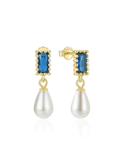 Golden+ blue 925 Sterling Silver Imitation Pearl Water Drop Minimalist Drop Earring