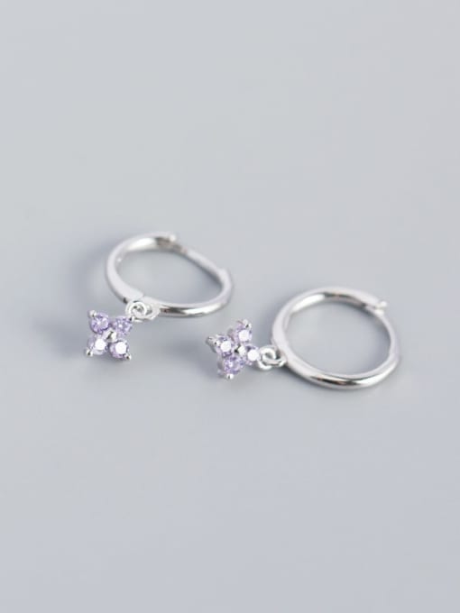 6#Platinum (Purple Stone) 925 Sterling Silver Rhinestone White Flower Trend Huggie Earring