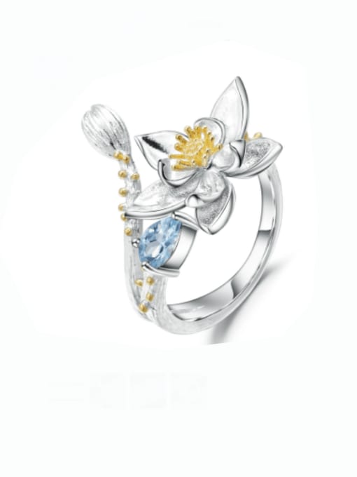 Swiss Blue Topaz stone ring 925 Sterling Silver Natural Stone  Rhodolite Garnet Flower Artisan Band Ring