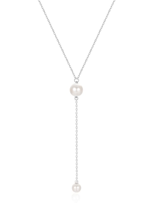 Platinum 925 Sterling Silver Imitation Pearl Tassel Minimalist Lariat Necklace