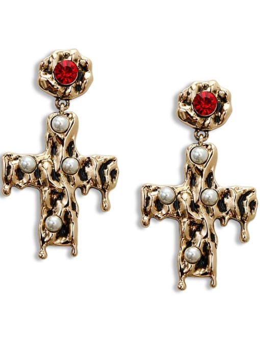Red e68826 Zinc Alloy Imitation Pearl Cross Bohemia Chandelier Earring