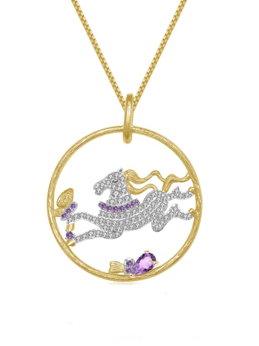 Natural Amethyst Pendant Necklace 925 Sterling Silver Cubic Zirconia Horse Luxury Necklace