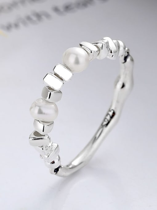TAIS 925 Sterling Silver Imitation Pearl Geometric Dainty Band Ring 2