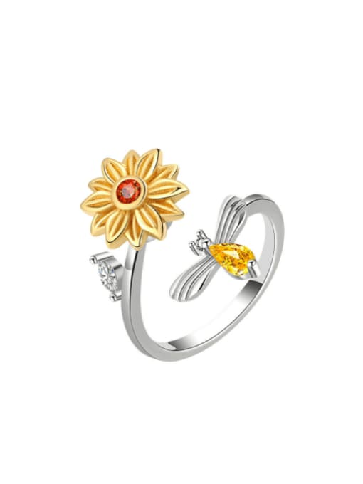 Platinum gold (fractional gold) 925 Sterling Silver Cubic Zirconia Flower Minimalist  Can Be Rotated  Band Ring