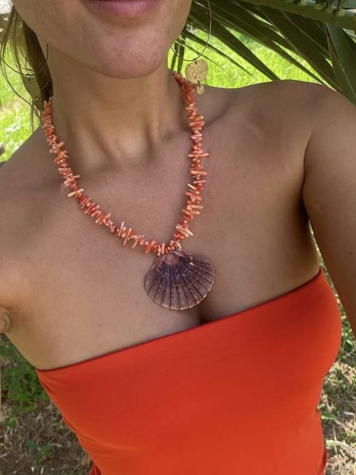 Orange Coral Necklace 38+5cm Titanium Steel Natural Stone Irregular Bohemia Fashionable Shell Conch Pendant Beaded Necklace