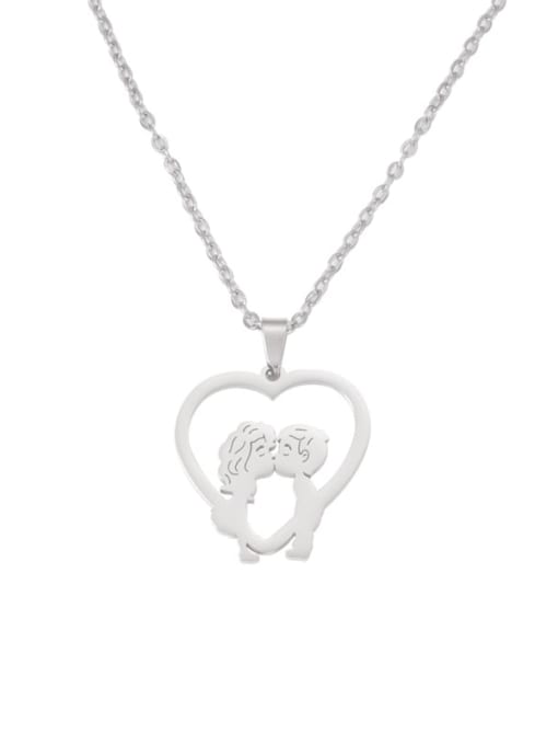 Steel color Stainless steel Heart Hollow boy girl kissing Minimalist Necklace
