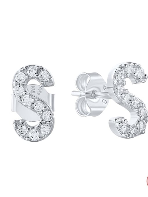 Platinum S 925 Sterling Silver Cubic Zirconia Letter Dainty Stud Earring