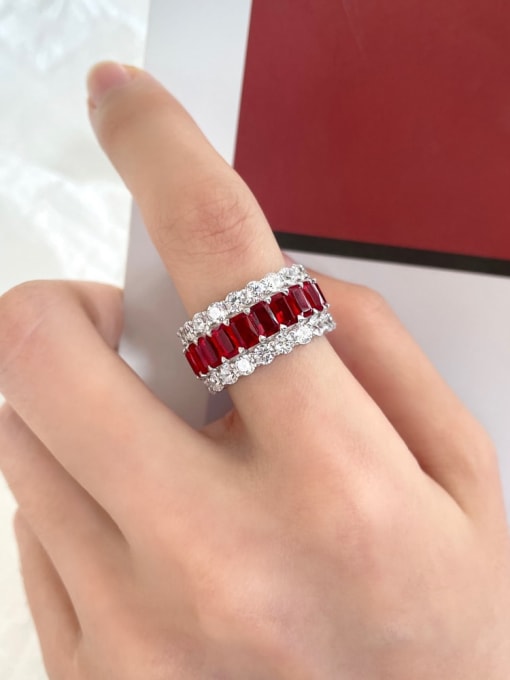 Red stone, MM120009 925 Sterling Silver Geometric Band Ring with gemstone stone