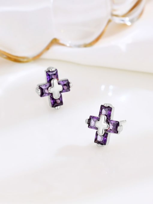 Purple 925 Sterling Silver Cubic Zirconia Cross Minimalist Stud Earring