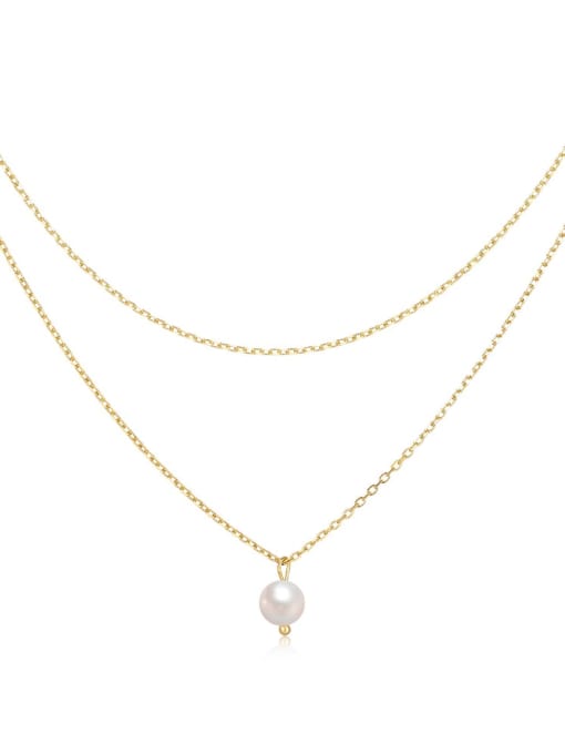 golden 925 Sterling Silver Imitation Pearl Geometric Minimalist Multi Strand Necklace