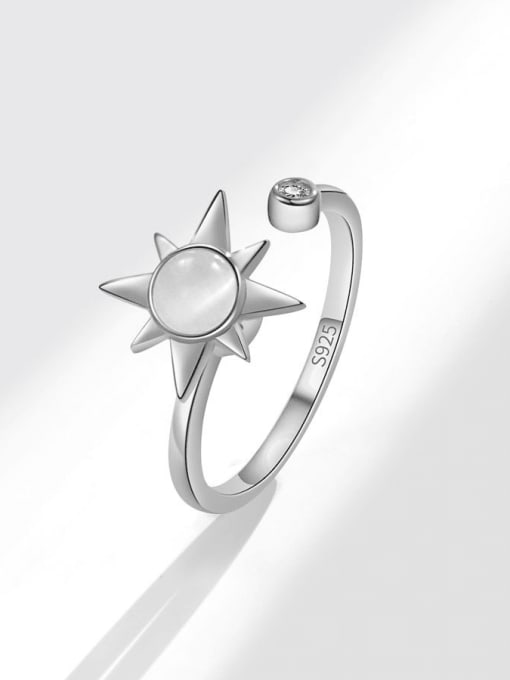 Platinum 925 Sterling Silver Cats Eye Pentagram Minimalist Rotate Band Ring