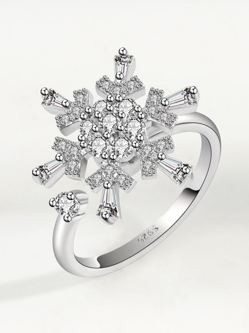 Platinum 925 Sterling Silver Cubic Zirconia Rotating Flower Minimalist Band Ring