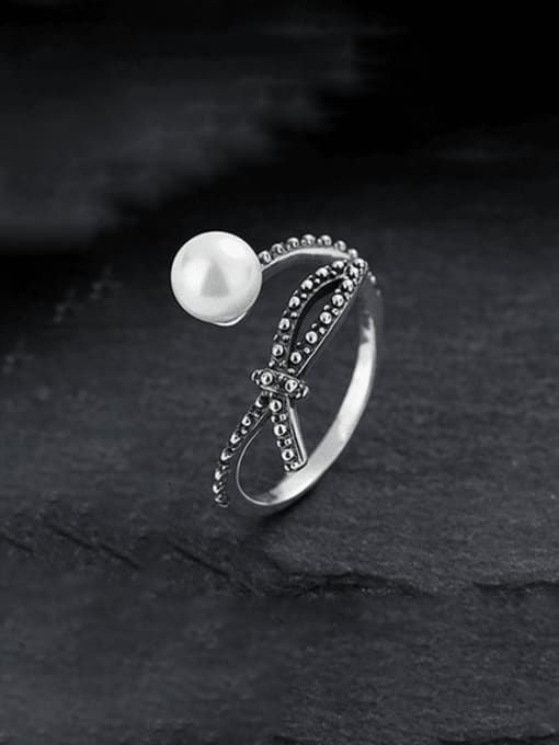 TAIS 925 Sterling Silver Imitation Pearl Bowknot Vintage Ring 0
