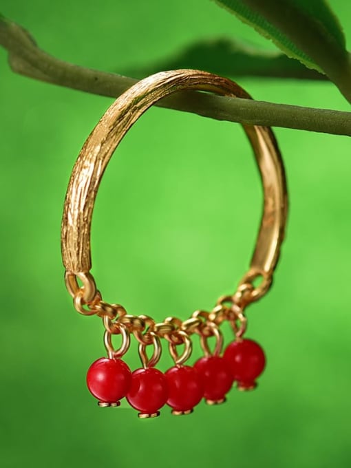 golden 925 Sterling Silver Tassel Christmas Holly Fruit Imitation Coral Artisan Band Ring