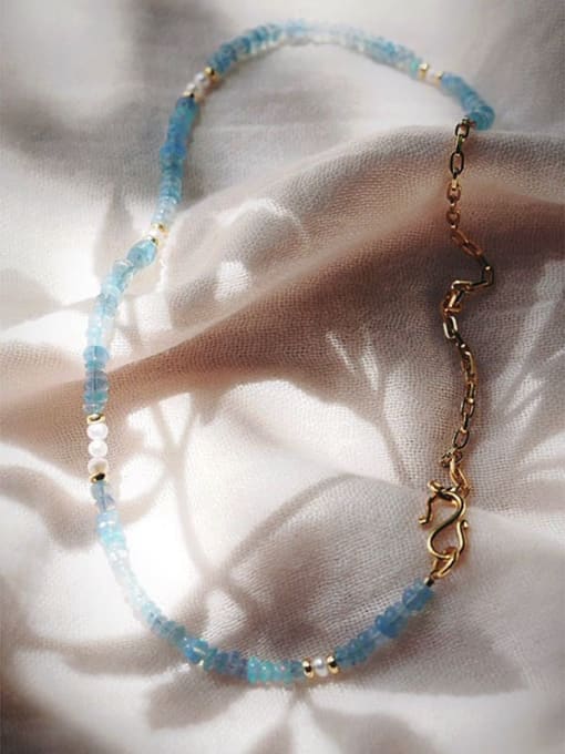 Blue necklace 38cm Titanium Steel Natural Stone Geometric Dainty Beaded Necklace