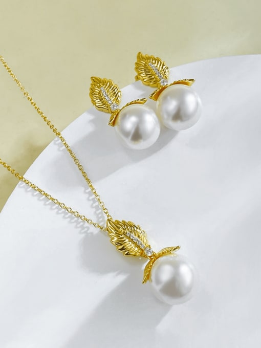 M&J 925 Sterling Silver Imitation Pearl Leaf Trend  Golden Leaf Pearl Necklace 1