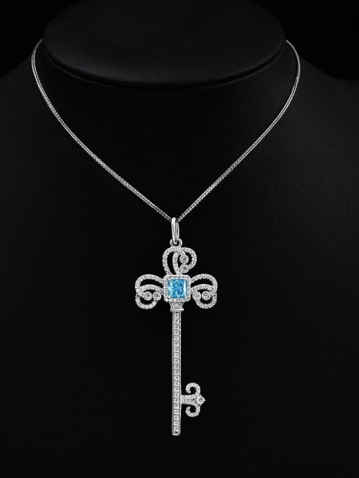 Sea Blue with Chopin Chain Adjustable 925 Sterling Silver Cubic Zirconia Key Dainty Necklace