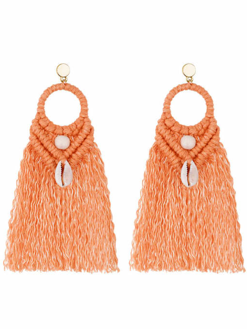 E68742 orange Alloy Shell Cotton Tassel Bohemia  Hand-woven  Drop Earring