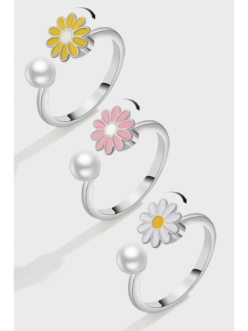 PNJ-Silver 925 Sterling Silver Enamel Imitation Pearl Flower Cute  Can Be Rotated Band Ring 0