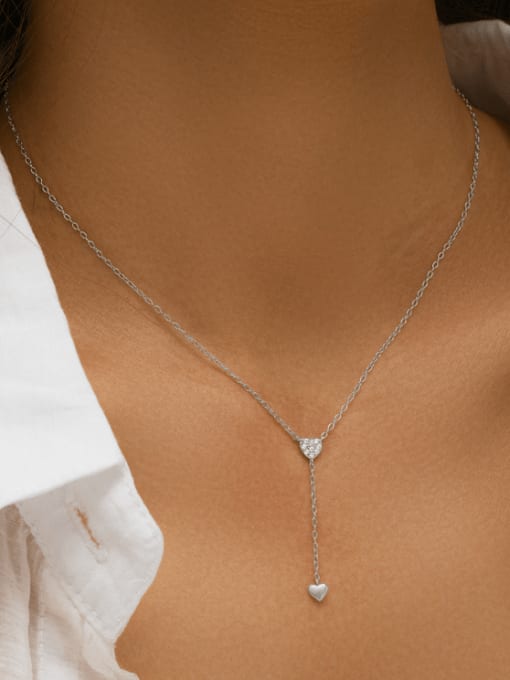 YUANFAN 925 Sterling Silver Cubic Zirconia Heart Tassel Minimalist Lariat Necklace 1