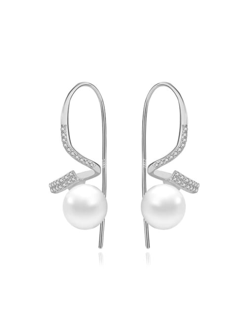 E3005 Platinum 925 Sterling Silver Imitation Pearl Geometric Minimalist Hook Earring