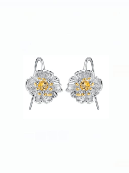 Natural yellow crystal earrings 925 Sterling Silver Natural  Topaz Flower Artisan Hook Earring