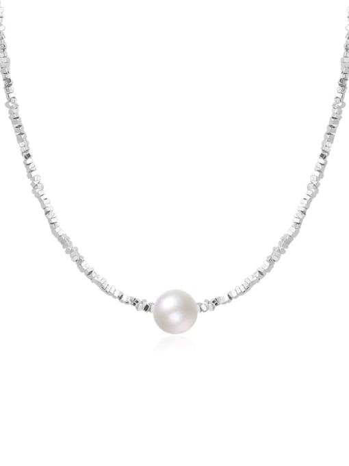 A2923 Silver 925 Sterling Silver Imitation Pearl Geometric Minimalist Necklace