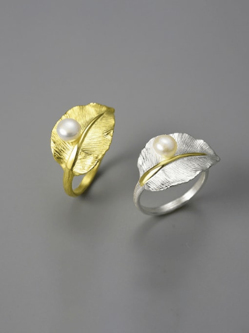 LOLUS 925 Sterling Silver Imitation Pearl Leaf Artisan Band Ring 1