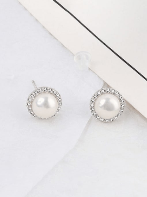 PNJ-Silver 925 Sterling Silver Imitation Pearl Geometric Minimalist Stud Earring 3