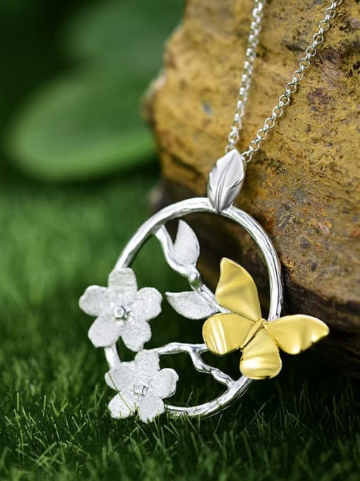 LOLUS 925 Sterling Silver Creative ancient style petals flying butterfly garden Artisan Pendant 1