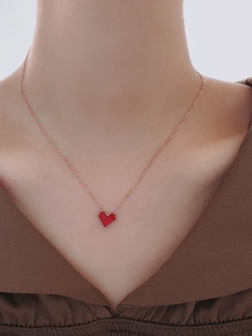 French Red Heart Rose Gold Titanium Steel Enamel Heart Minimalist Necklace