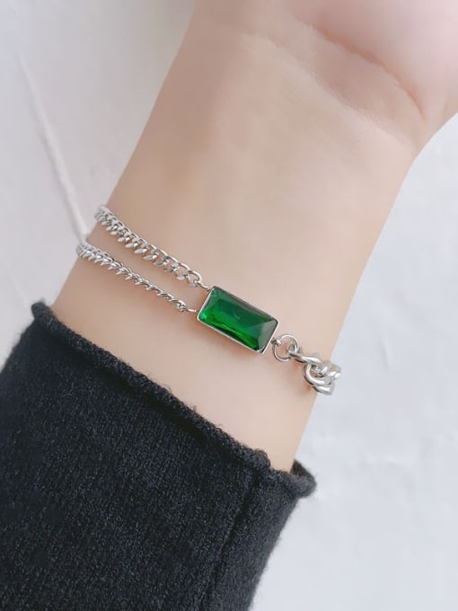 Green zircon silver bracelet Titanium Steel Glass Stone Geometric Minimalist Necklace