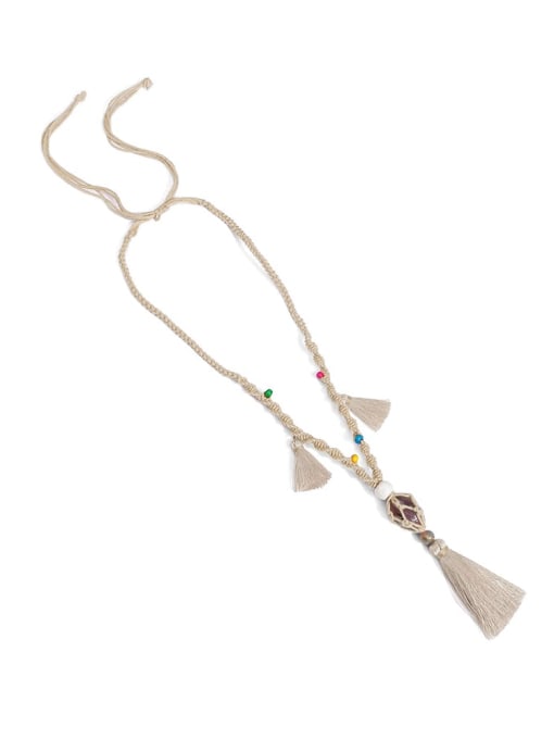 Camel n70247 Bead Cotton Rope  Natural stone Tassel Artisan Hand-Woven Long Strand Necklace
