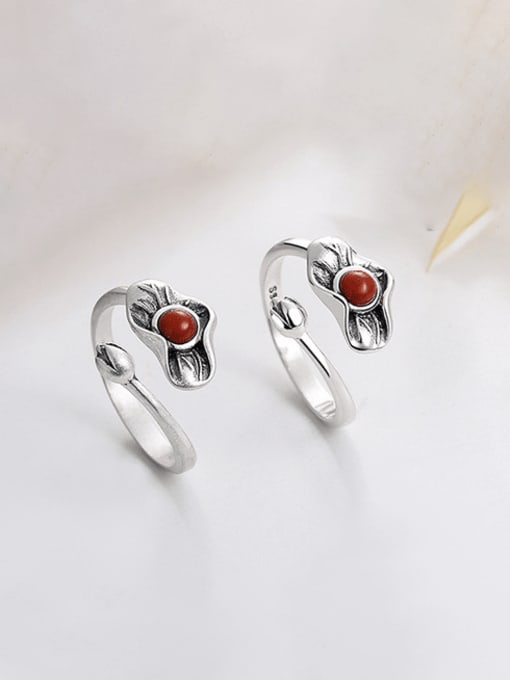 TAIS 925 Sterling Silver Carnelian Flower Vintage Band Ring