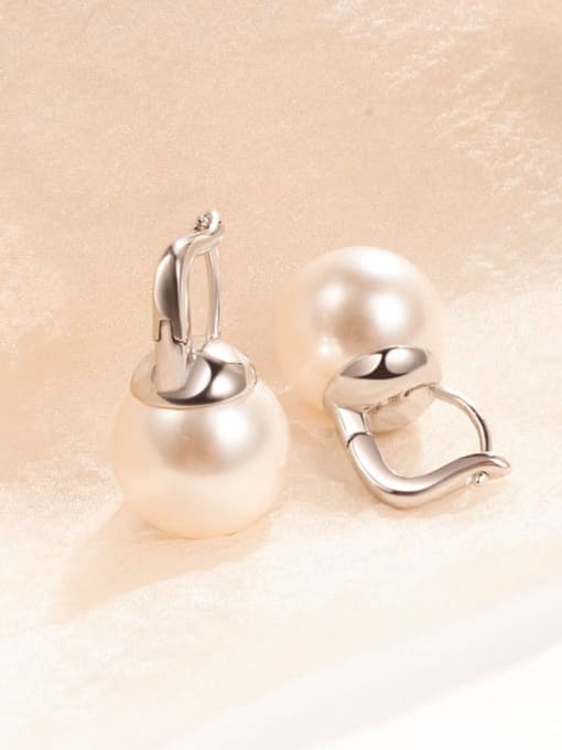 12MM White Pearl Platinum 925 Sterling Silver Imitation Pearl Geometric Minimalist Huggie Earring