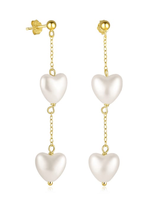 golden 925 Sterling Silver Freshwater Pearl Heart Tassel Minimalist Threader Earring