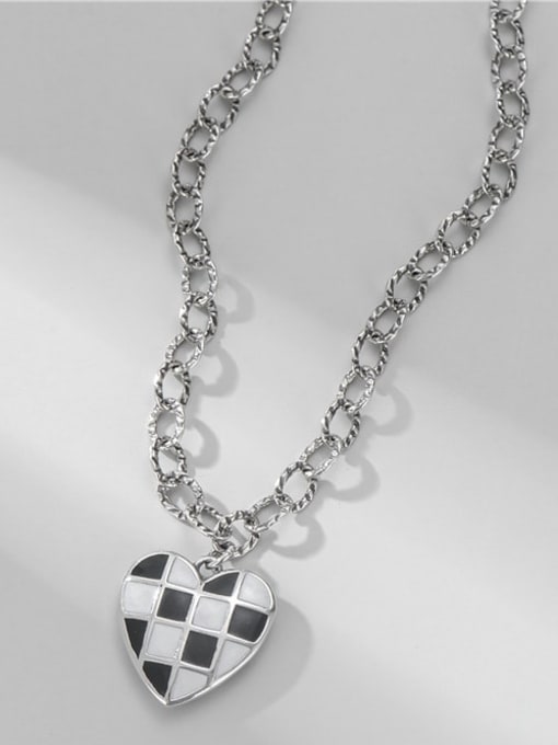 Love chessboard Necklace 925 Sterling Silver Enamel Vintage Heart Pendant Necklace