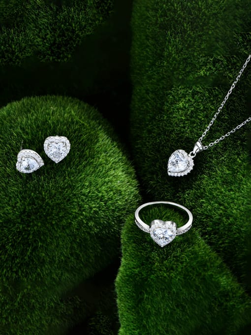 A&T Jewelry 925 Sterling Silver Cubic Zirconia Luxury Heart Earring Ring and Necklace Set 0