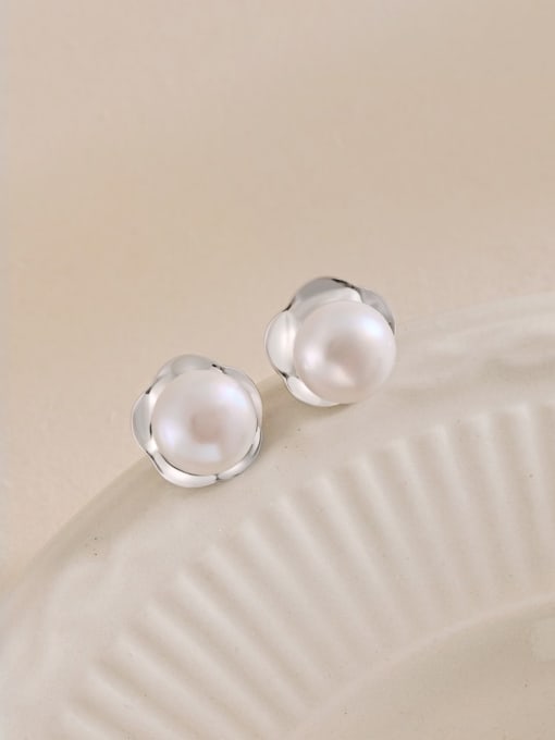 STL-Silver Jewelry 925 Sterling Silver Imitation Pearl Flower Minimalist Stud Earring 2