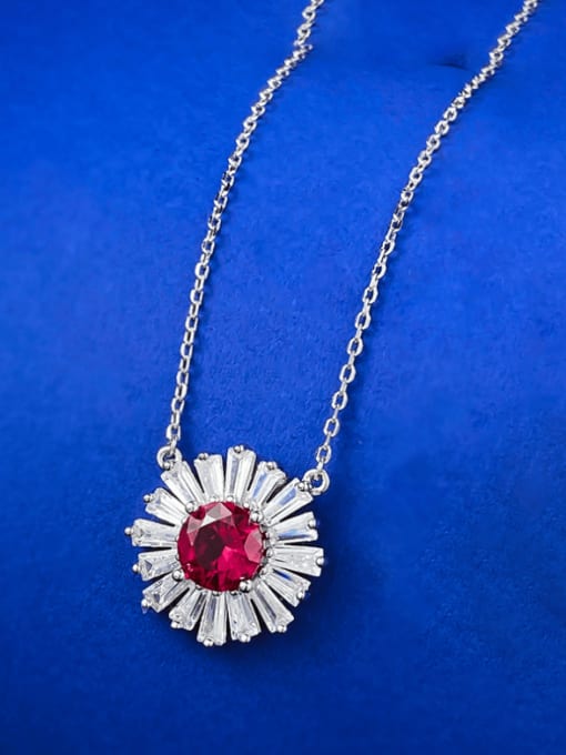 N287 Red 925 Sterling Silver Cubic Zirconia Flower Luxury Necklace