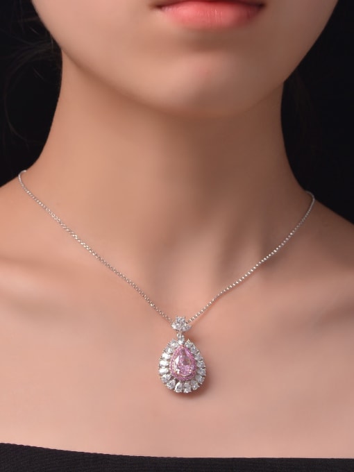 A&T Jewelry 925 Sterling Silver High Carbon Diamond Pink Water Drop Luxury Necklace 1