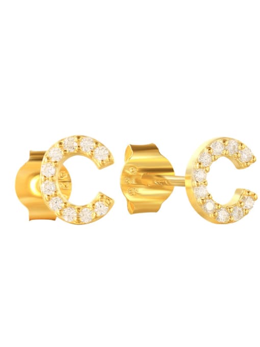 Gold C 925 Sterling Silver Cubic Zirconia Letter Dainty Stud Earring