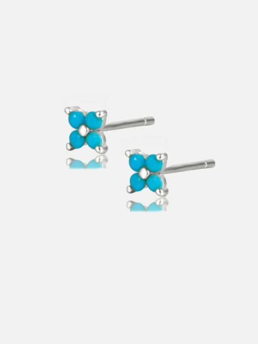 White gold +turquoise Brass Cubic Zirconia Flower Dainty Stud Earring