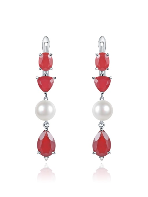 Red agate Pearl Earrings 925 Sterling Silver Emerald Geometric Vintage Drop Earring
