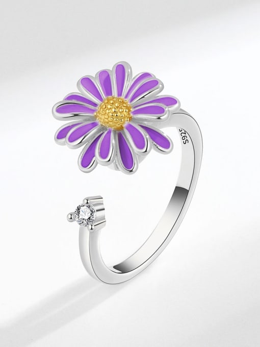 Platinum 925 Sterling Silver Enamel Rotating Flower Cute Band Ring