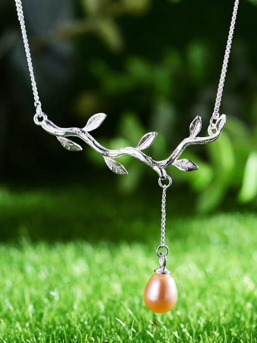 LOLUS 925 Sterling Silver Unique design olive leaf and water drop pearl Dainty Lariat Necklace