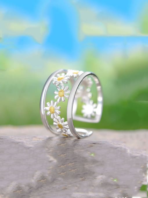 LOLUS 925 Sterling Silver Small fresh and more chrysanthemum natural fresh design Dainty Band Ring 0