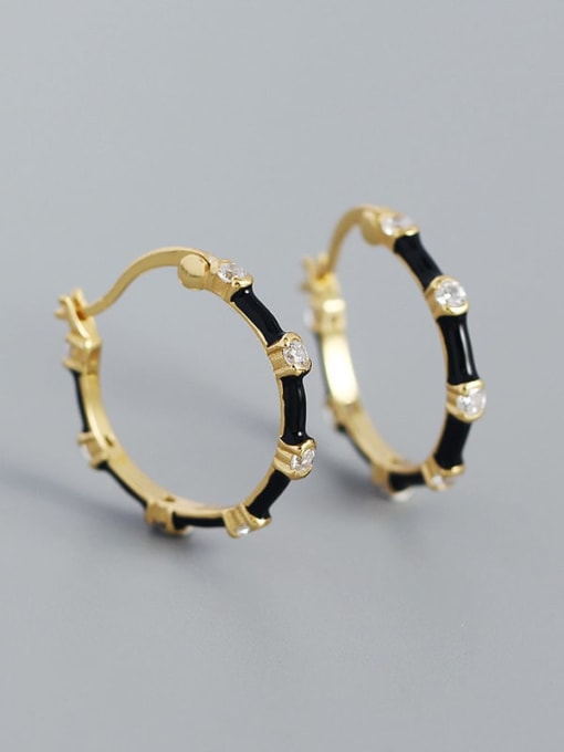 Gold (black drop) 925 Sterling Silver Rhinestone Enamel Geometric Minimalist Hoop Earring