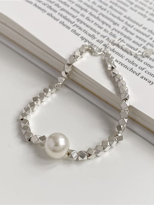 Silver Pearl Bracelet 925 Sterling Silver Imitation Pearl Hexagon Vintage Bracelet