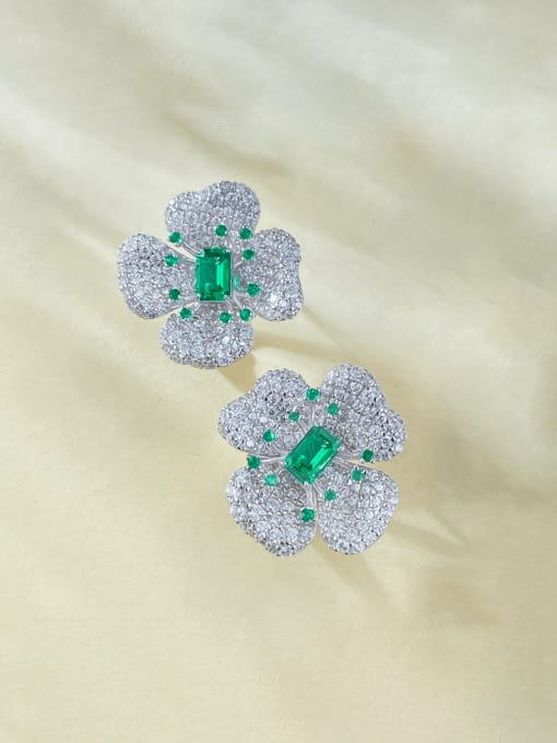 E526 Emerald 925 Sterling Silver Cubic Zirconia Flower Luxury Cluster Earring